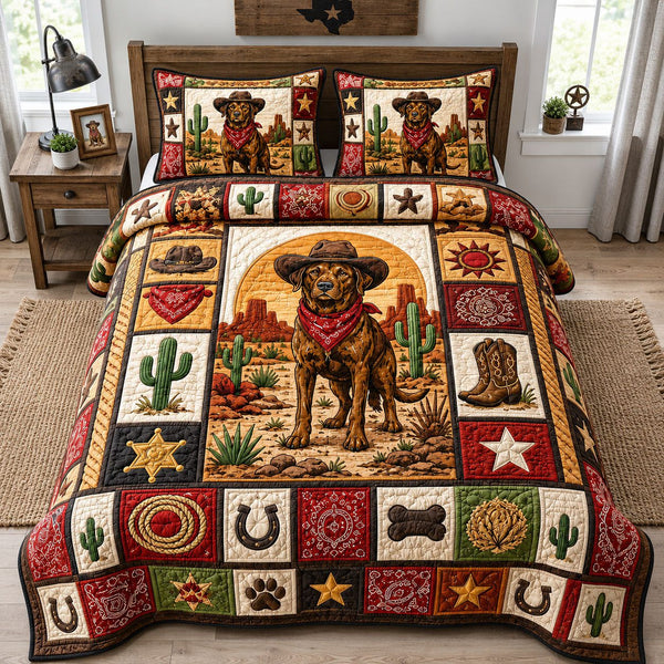 Labrador Retriever Desert Cowboy quilted 3-piece bedding set on a made bed in a rustic timber bedroom