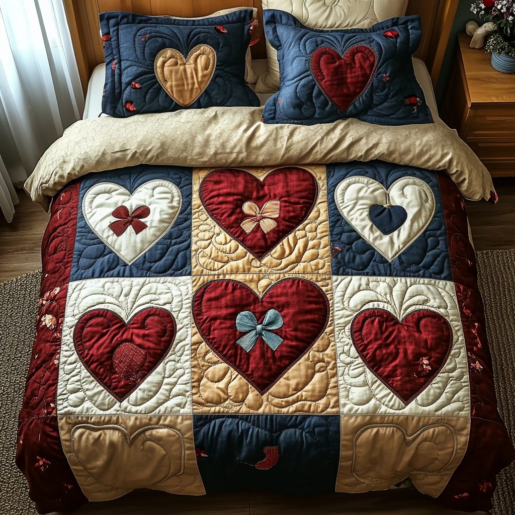 Lace and Love quilted 3-piece bedding set on a made bed with two matching pillow shams