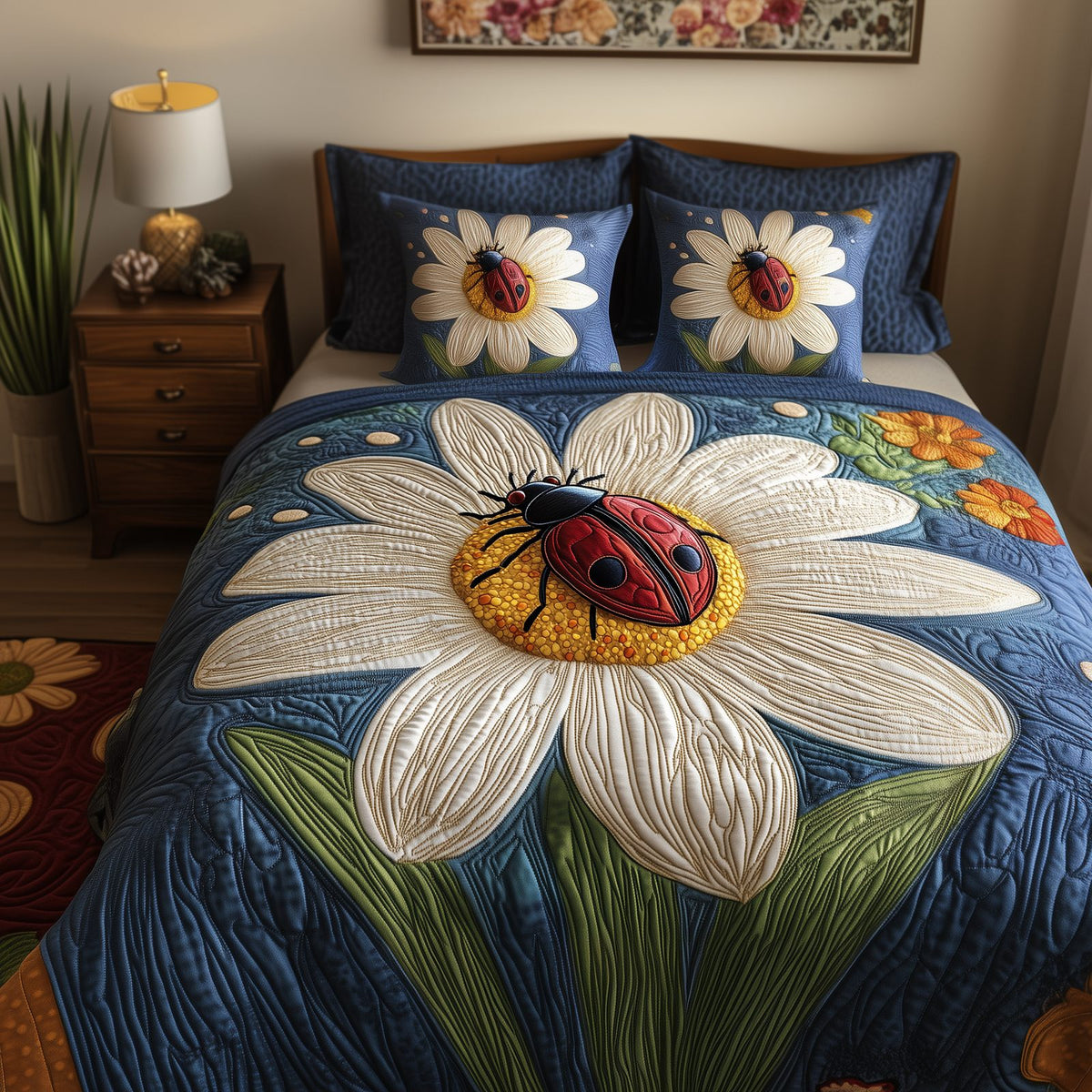 Lady Luck quilted 3-piece bedding set on a made bed with two matching pillow shams