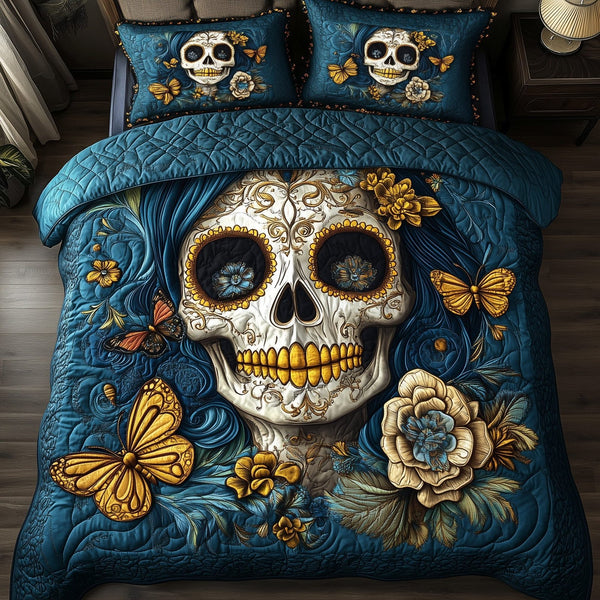 Lady Skull quilted 3-piece bedding set on a made bed against a dark styled interior