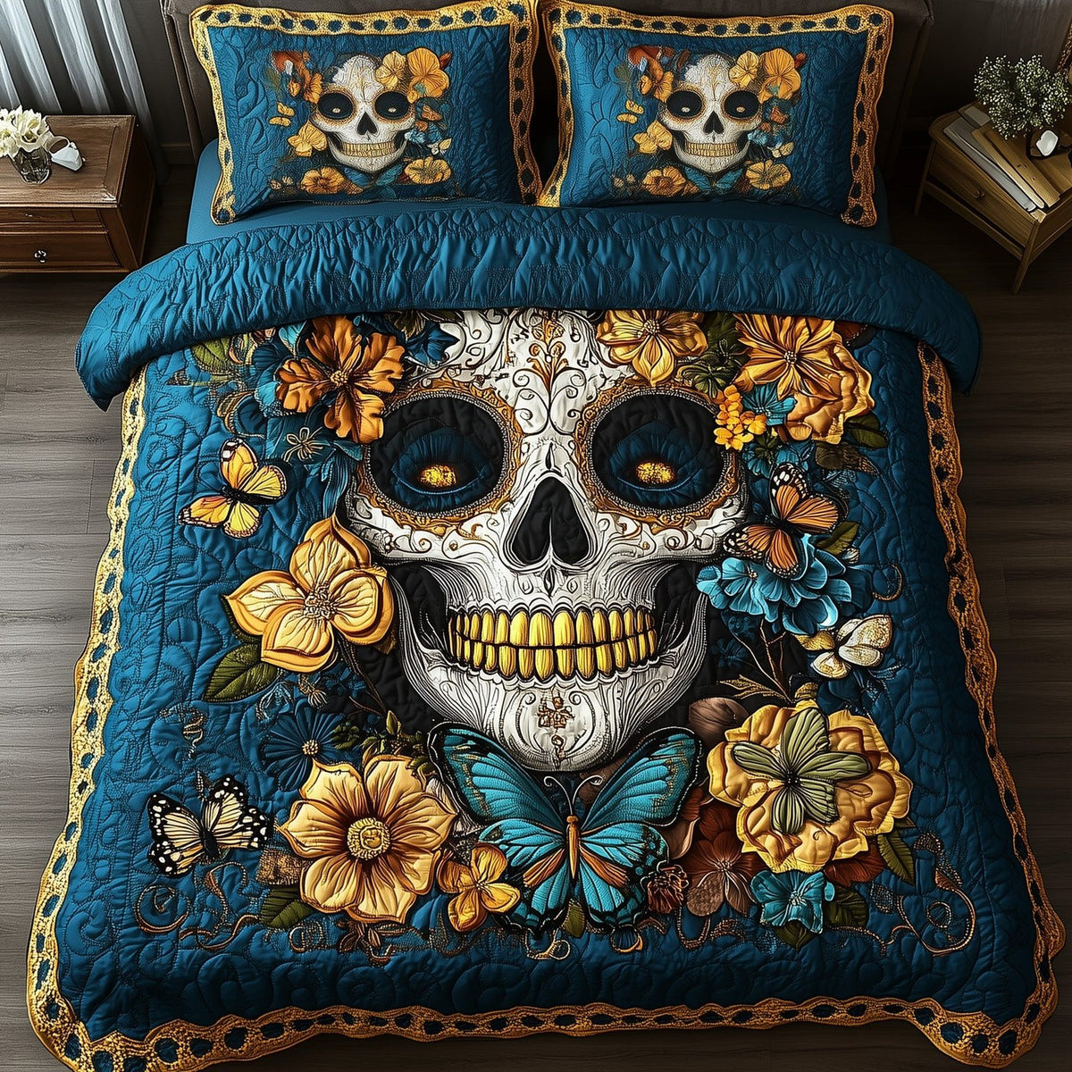 Lady Skull quilted 3-piece bedding set on a made bed against a dark styled interior