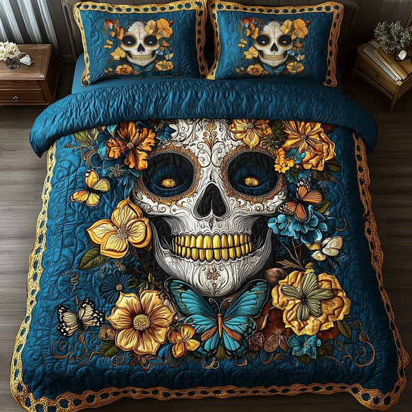 Lady Skull quilted 3-piece bedding set on a made bed against a dark styled interior