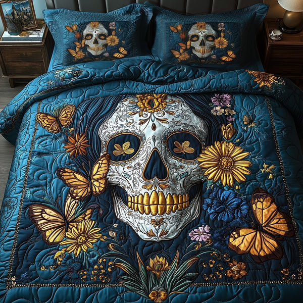 Lady Skull quilted 3-piece bedding set on a made bed against a dark styled interior