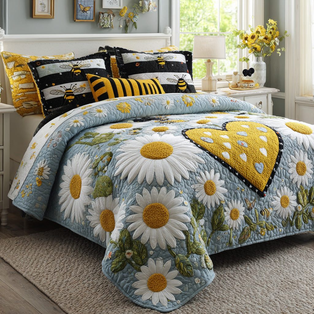 Ladybug Bliss quilted 3-piece bedding set on a made bed with two matching pillow shams