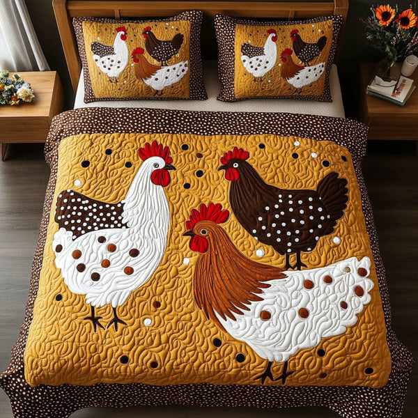 Ladybug Chickens quilted 3-piece bedding set on a made bed with two matching pillow shams
