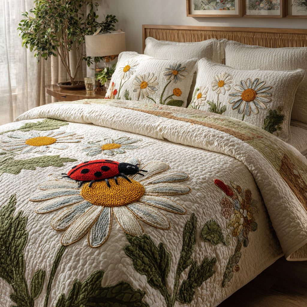 Ladybug Daisy Charm quilted 3-piece bedding set on a made bed with two matching pillow shams