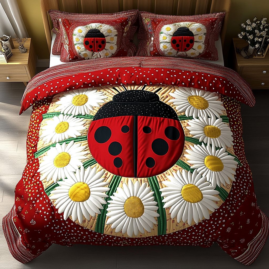 Ladybug Garden Delight quilted 3-piece bedding set on a made bed with two matching pillow shams