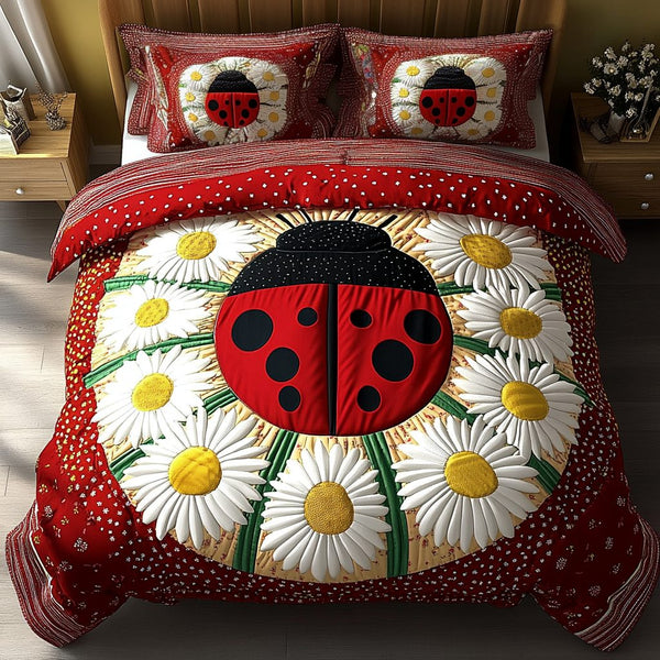 Ladybug Garden Delight quilted 3-piece bedding set on a made bed with two matching pillow shams