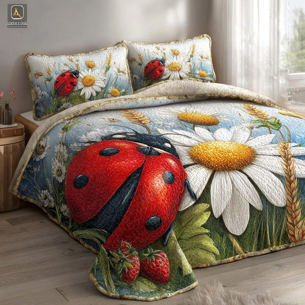 Ladybug Garden quilted 3-piece bedding set on a made bed with two matching pillow shams