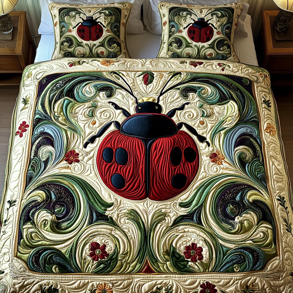 Ladybug Haven quilted 3-piece bedding set on a made bed with two matching pillow shams