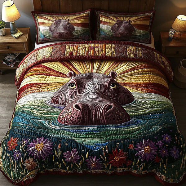 Lagoon Charm quilted 3-piece bedding set on a made bed in a light coastal bedroom