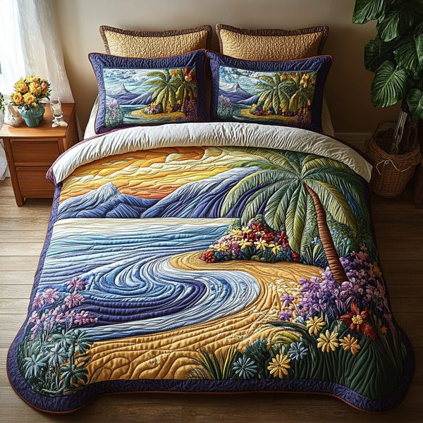 Lagoon Dreams quilted 3-piece bedding set on a made bed in a light coastal bedroom