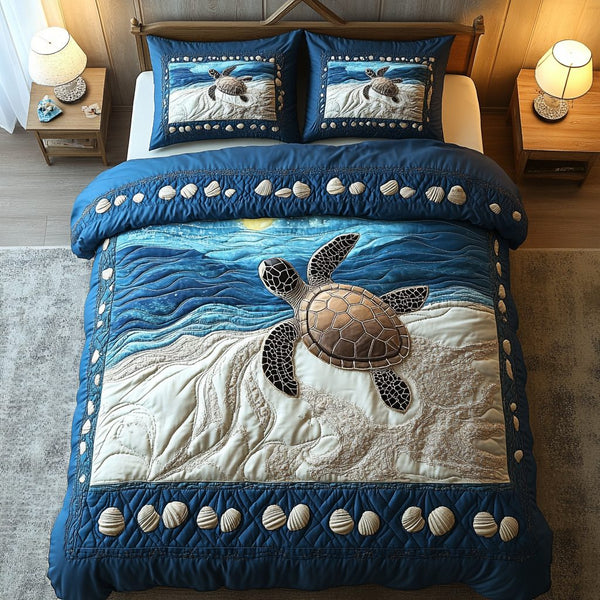 Lagoon Explorer quilted 3-piece bedding set on a made bed in a light coastal bedroom