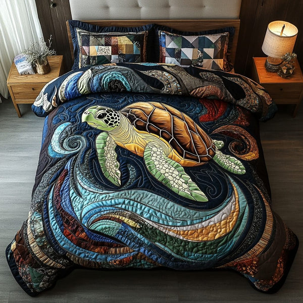 Lagoon Explorer quilted 3-piece bedding set on a made bed in a light coastal bedroom