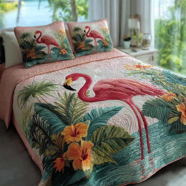 Lagoon Flamingo quilted 3-piece bedding set on a made bed in a light coastal bedroom