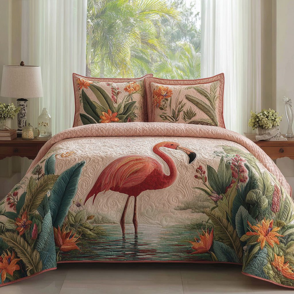 Lagoon Grace quilted 3-piece bedding set on a made bed in a light coastal bedroom