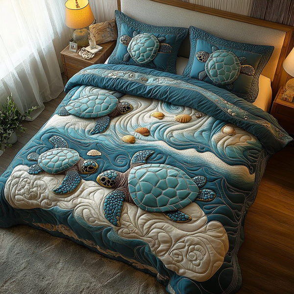 Lagoon Guardian quilted 3-piece bedding set on a made bed in a light coastal bedroom