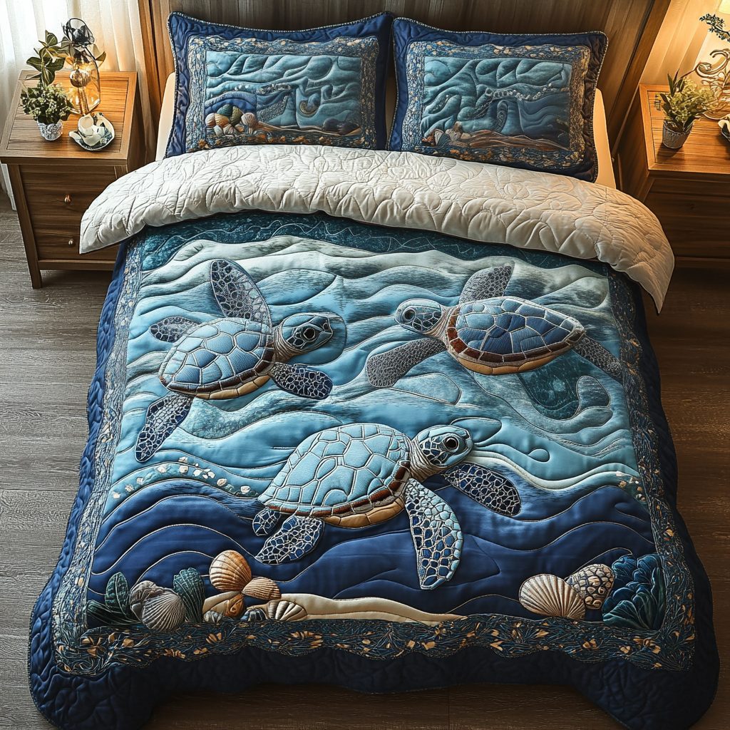 Lagoon Guardian quilted 3-piece bedding set on a made bed in a light coastal bedroom