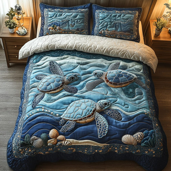 Lagoon Guardian quilted 3-piece bedding set on a made bed in a light coastal bedroom