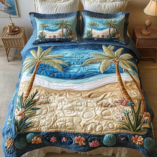 Lagoon Life quilted 3-piece bedding set on a made bed in a light coastal bedroom