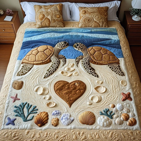 Lagoon Lovers quilted 3-piece bedding set on a made bed in a light coastal bedroom