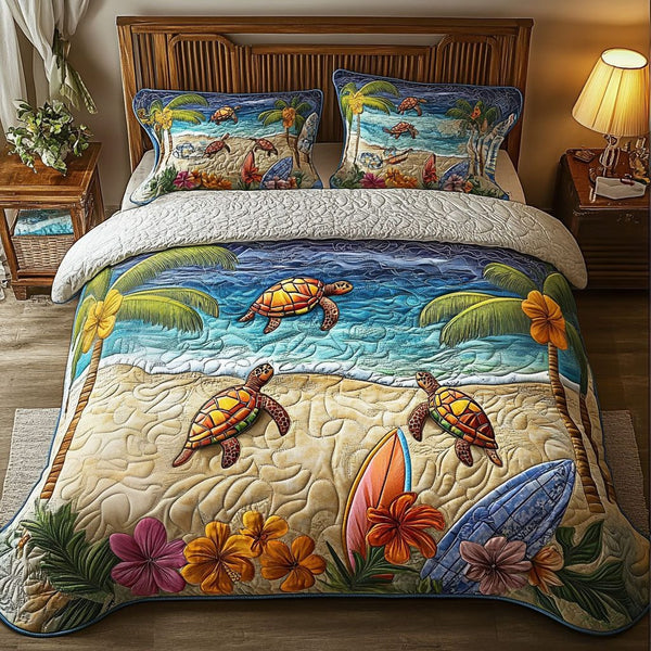 Lagoon Turtle Tides quilted 3-piece bedding set on a made bed in a light coastal bedroom