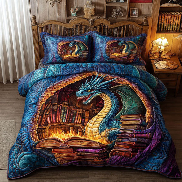 Lair of Lore quilted 3-piece bedding set on a made bed with two matching pillow shams