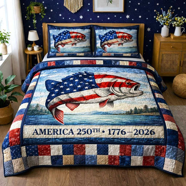 Lake Angler quilted 3-piece bedding set on a made bed with two matching pillow shams