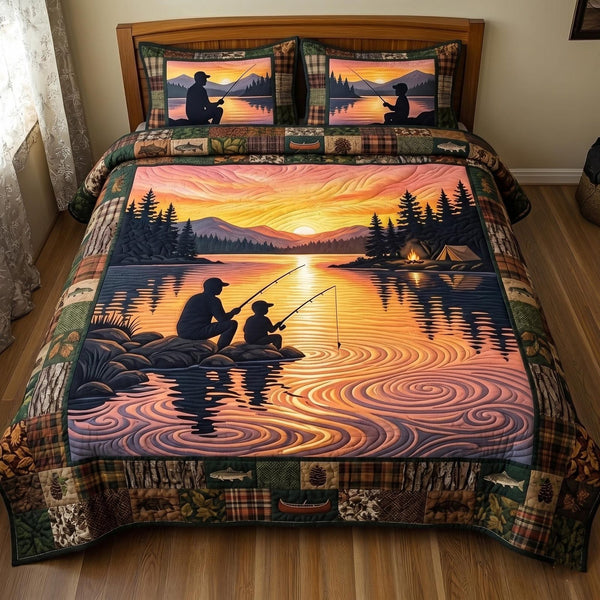 Lake Angler quilted 3-piece bedding set on a made bed with two matching pillow shams