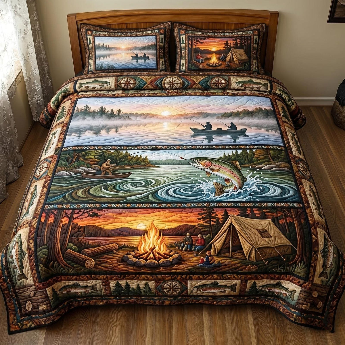 Lake Angler quilted 3-piece bedding set on a made bed with two matching pillow shams