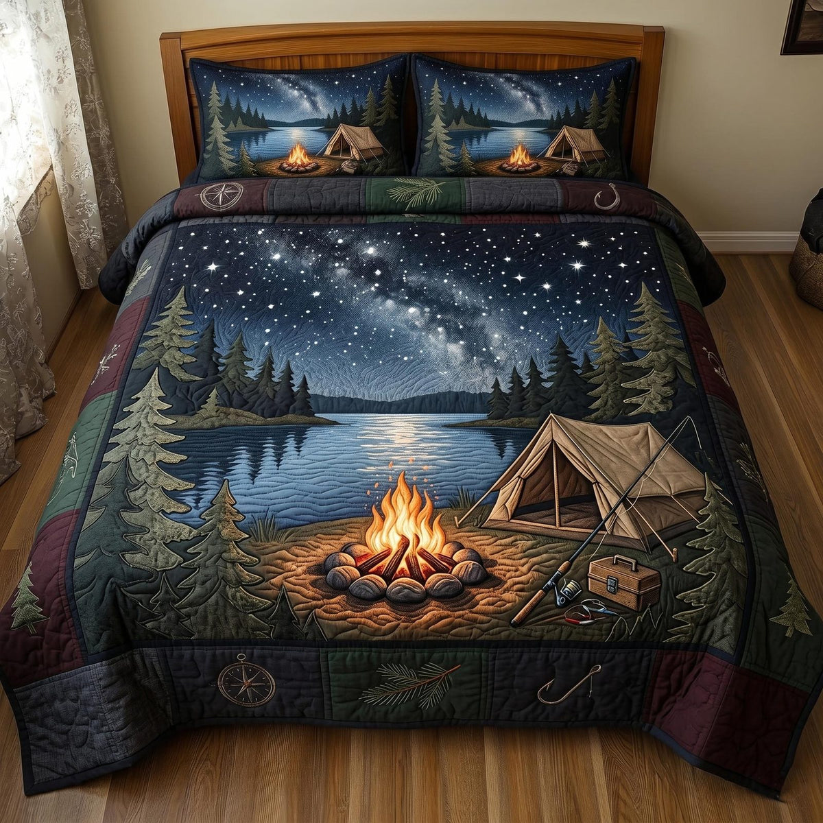 Lake Angler quilted 3-piece bedding set on a made bed with two matching pillow shams