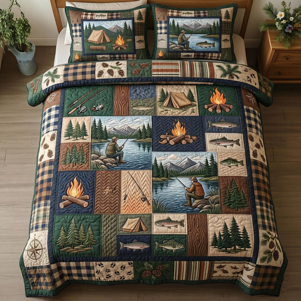 Lake Angler quilted 3-piece bedding set on a made bed with two matching pillow shams