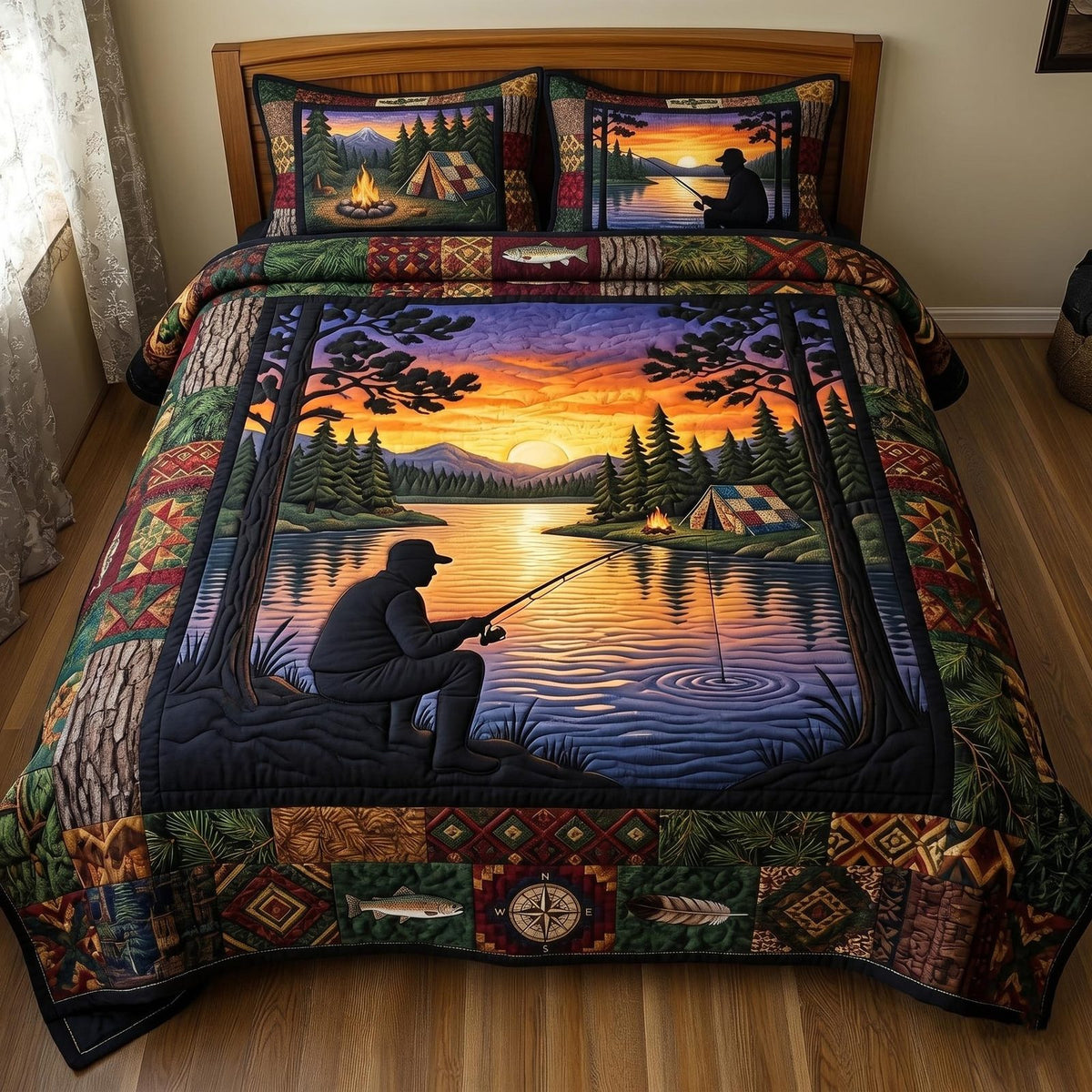 Lake Angler quilted 3-piece bedding set on a made bed with two matching pillow shams