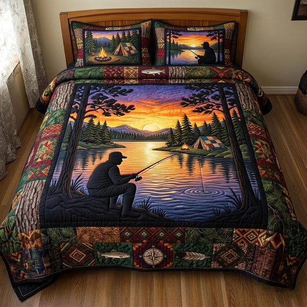 Lake Angler quilted 3-piece bedding set on a made bed with two matching pillow shams