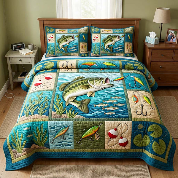 Lake Bass Fishing quilted 3-piece bedding set on a made bed with two matching pillow shams
