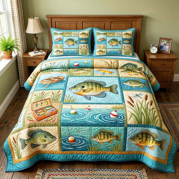 Lake Bass quilted 3-piece bedding set on a made bed with two matching pillow shams