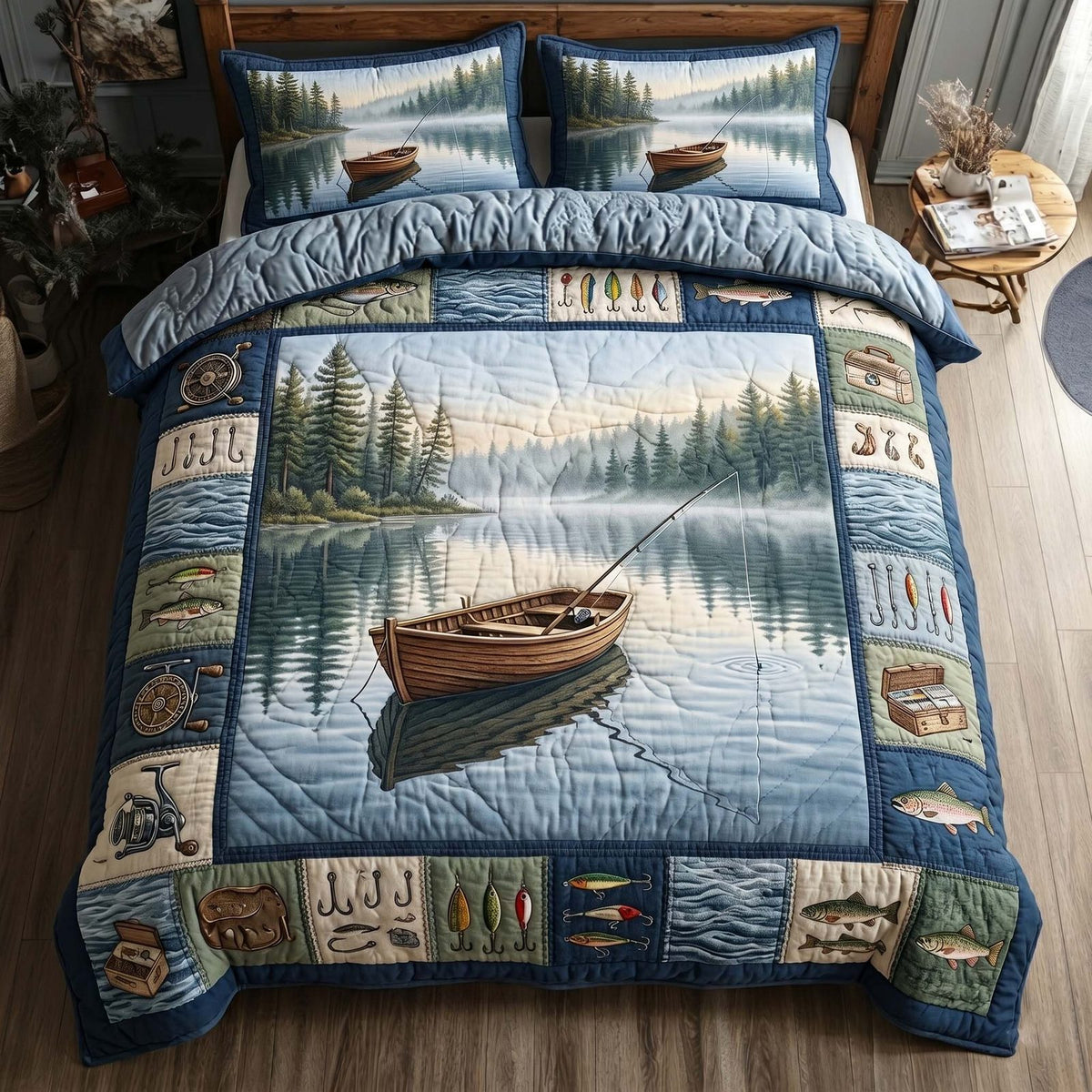 Lake Boat Drift quilted 3-piece bedding set on a made bed in a light coastal bedroom