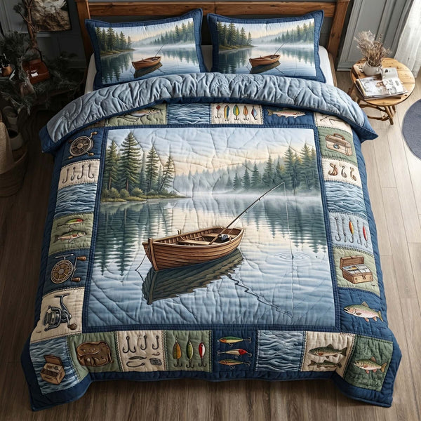 Lake Boat Drift quilted 3-piece bedding set on a made bed in a light coastal bedroom