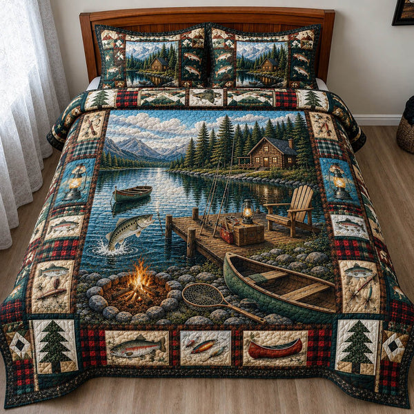 Lake Cabin Camping quilted 3-piece bedding set on a made bed with two matching pillow shams