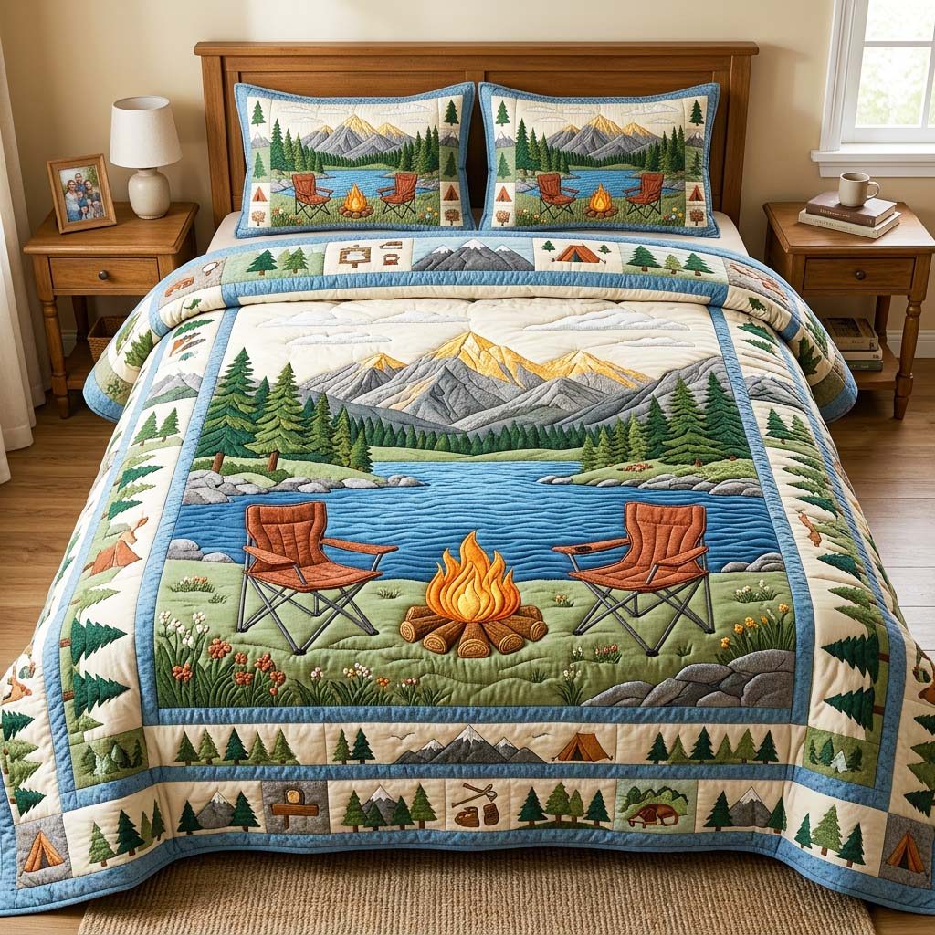 Lake Camp quilted 3-piece bedding set on a made bed with two matching pillow shams