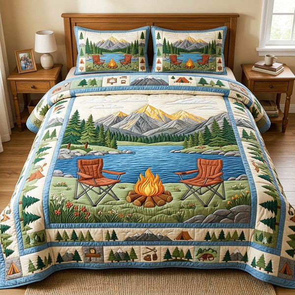 Lake Camp quilted 3-piece bedding set on a made bed with two matching pillow shams
