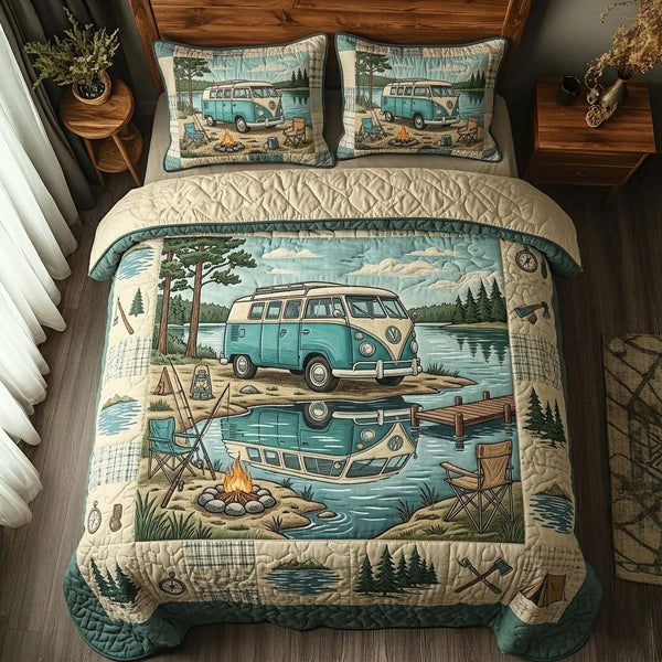 Lake Camper quilted 3-piece bedding set on a made bed with two matching pillow shams