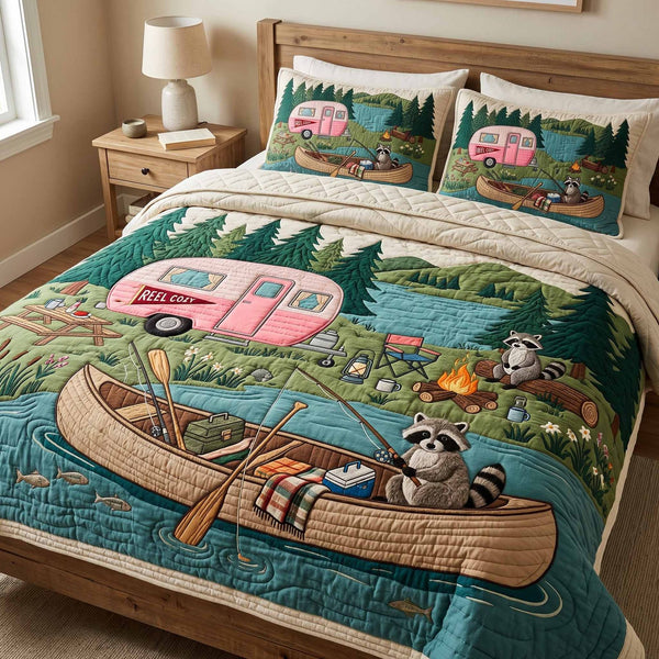 Lake Canoe quilted 3-piece bedding set on a made bed with two matching pillow shams