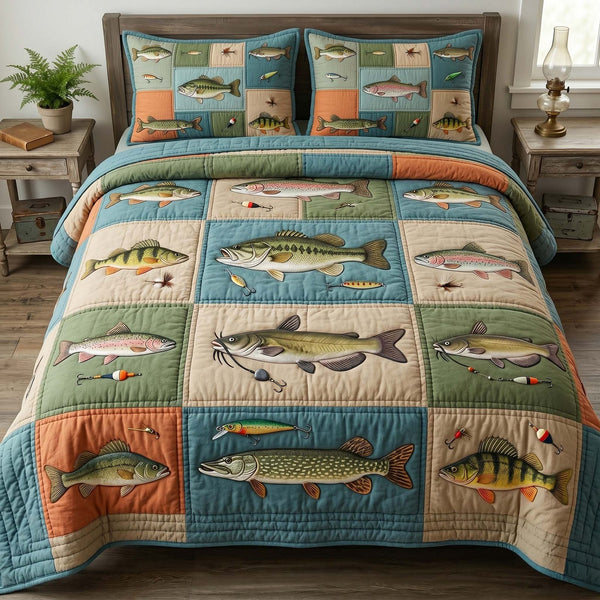 Lake Catch quilted 3-piece bedding set on a made bed with two matching pillow shams