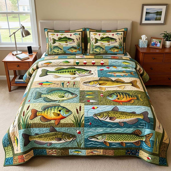 Lake Catch quilted 3-piece bedding set on a made bed with two matching pillow shams