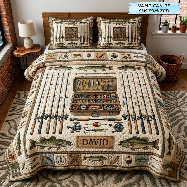 Lake Escape 3-Piece Quilted Bedding Set QTCUZ quilted 3-piece bedding set on a made bed with two matching pillow shams