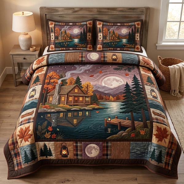 Lake Escape quilted 3-piece bedding set on a made bed with two matching pillow shams