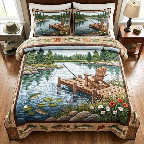 Lake Escape quilted 3-piece bedding set on a made bed with two matching pillow shams