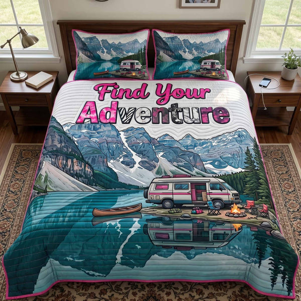 Lake Escape quilted 3-piece bedding set on a made bed with two matching pillow shams
