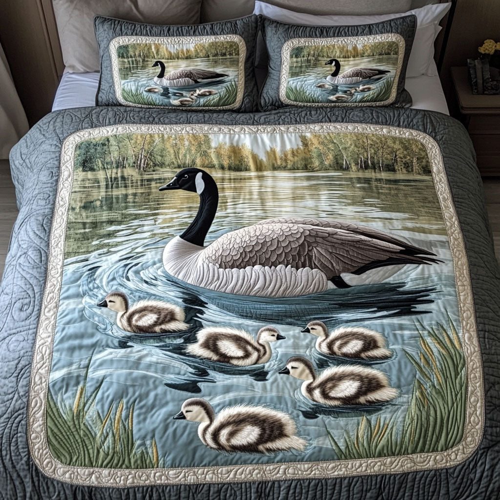 Lake Guardian quilted 3-piece bedding set on a made bed with two matching pillow shams